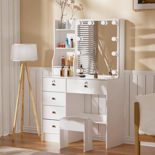 White Vanity Desk with Mirror, Lights, and Drawers with Cushioned Stool R293048