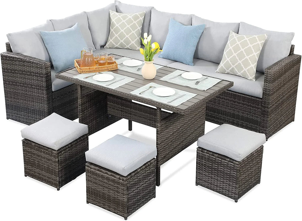 7 Piece Outdoor Dining Sectional Sofa with Dining Table and Chair E39398