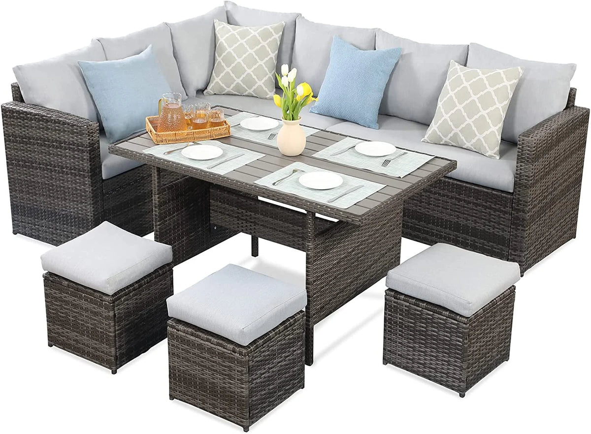 7 Piece Outdoor Dining Sectional Sofa with Dining Table and Chair E39398