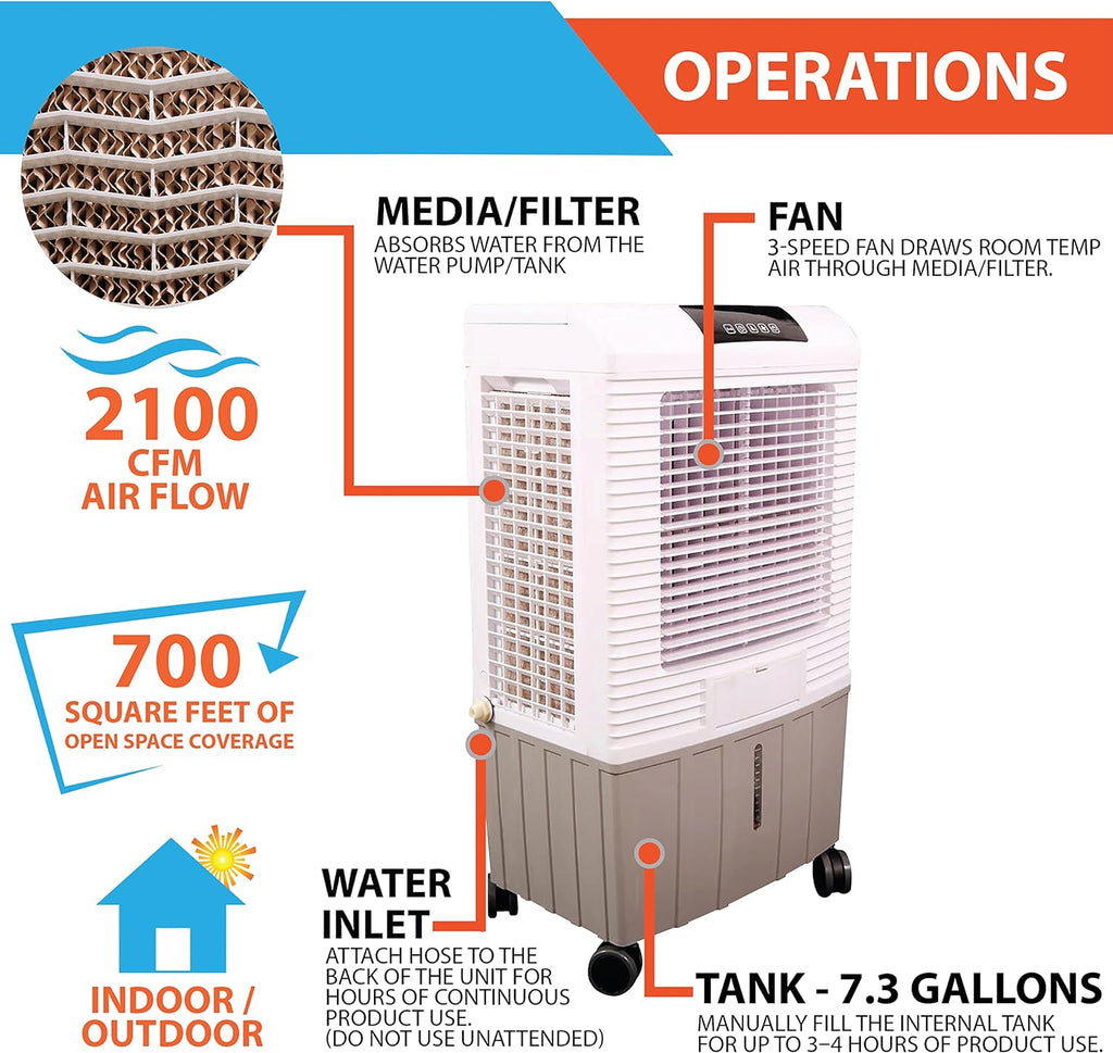 Portable Evaporative Cooler, 2100 Cubic FPM, White N2742
