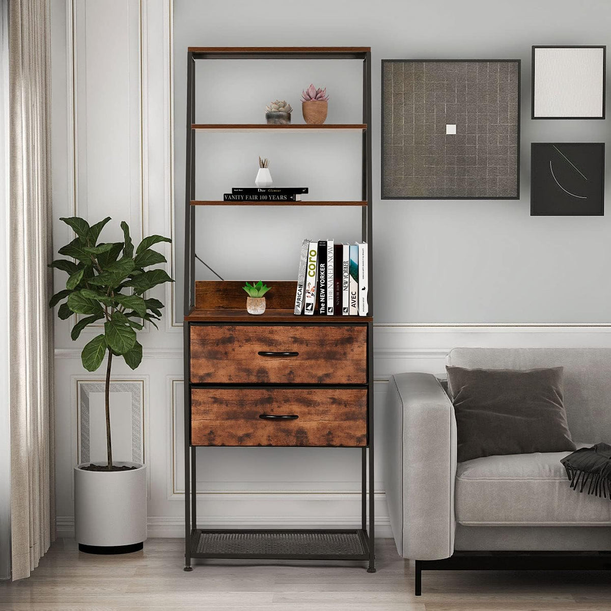 4-Tier Bookshelf with 2 Drawers Wood Metal Frame Q246674