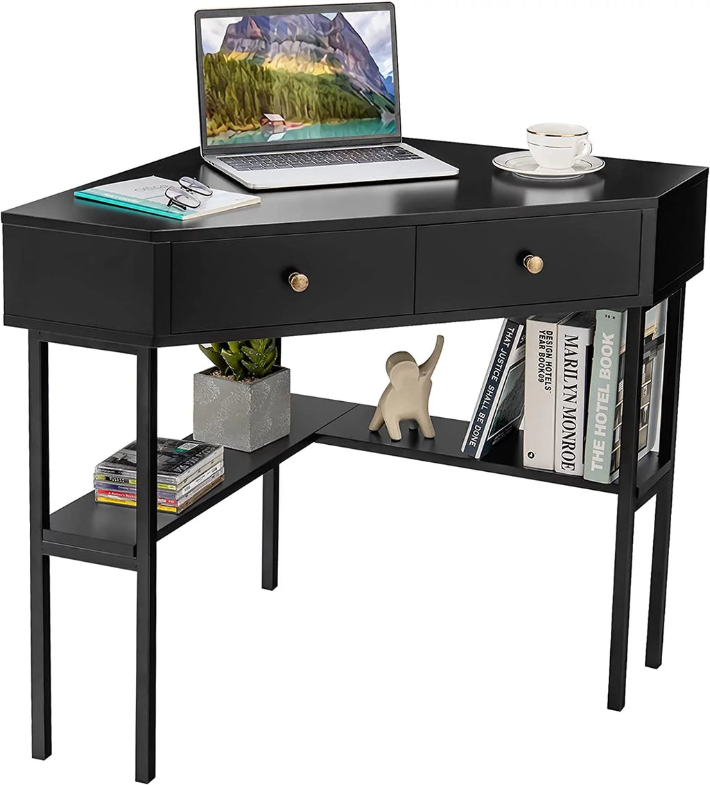 Corner Desk with 2 Drawers, Storage Shelves & Steel Frame D320531