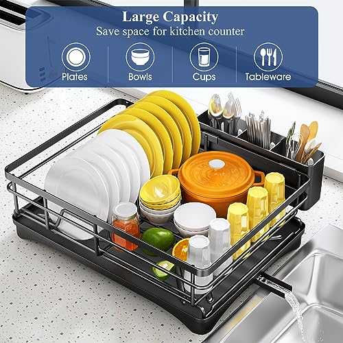 White Large Dish Rack with Drainboard and Utensil Holder B390561
