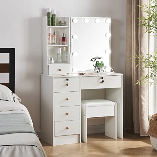 White Vanity Desk with Mirror, Lights, and Drawers with Cushioned Stool R293048