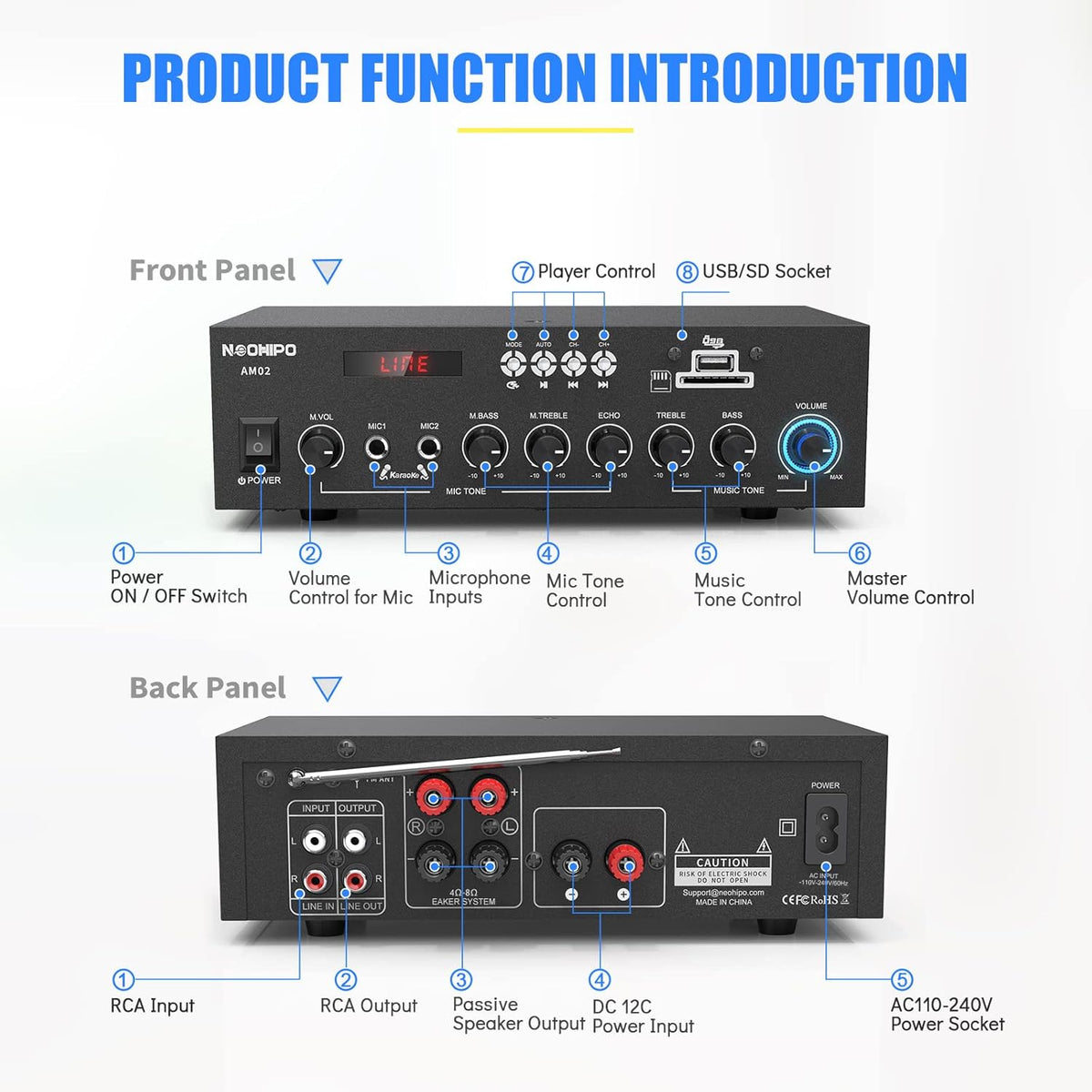 300Watts Bluetooth 5.0 Class AB Stereo Audio Receiver Amplifier 2 Channel Power Amp Pack of 2 G526