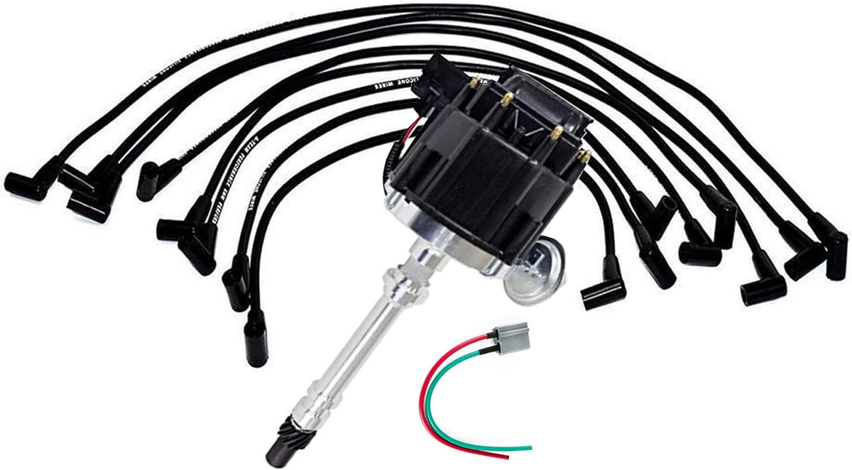 HEI Distributor Black Cap with Spark Plug Wires Set Pigtail Harness Complete Kit W48178