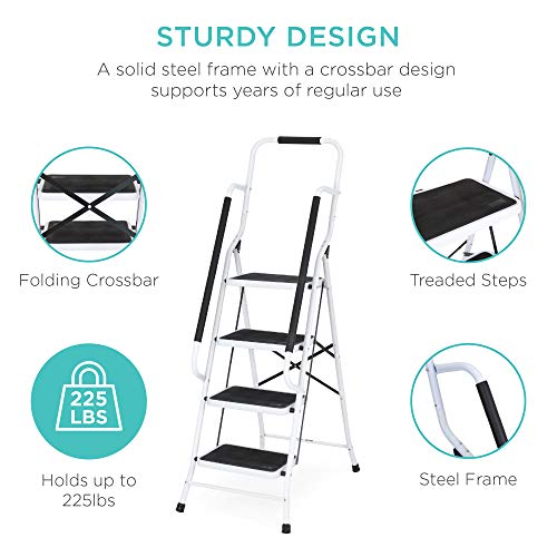 4-Step Folding Step Stool with Padded Hand Grips, Non Slip Rubber Feet, Attachable Tool Bag N302