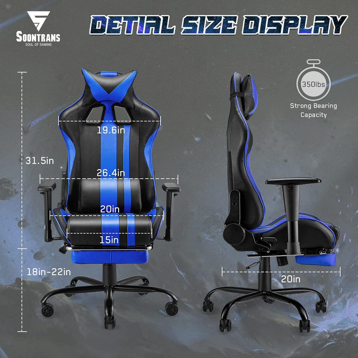 Gaming Chair with Footrest Ergonomic Desk Chair Royal Blue P80700