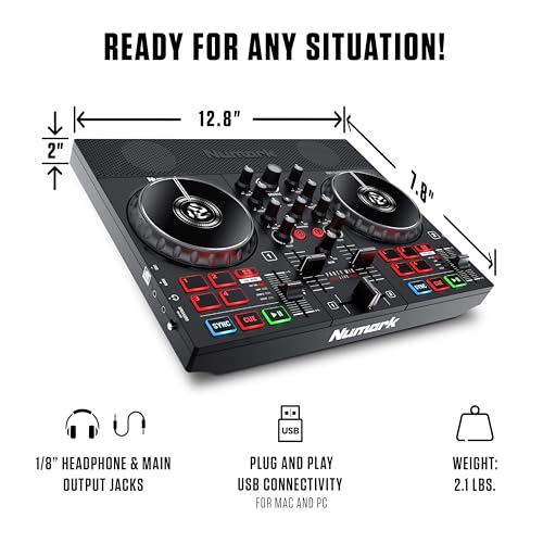 DJ Controller Bundle with Party Lights, 2 Decks, DJ Mixer, Audio Interface and DJ Headphones Q9070