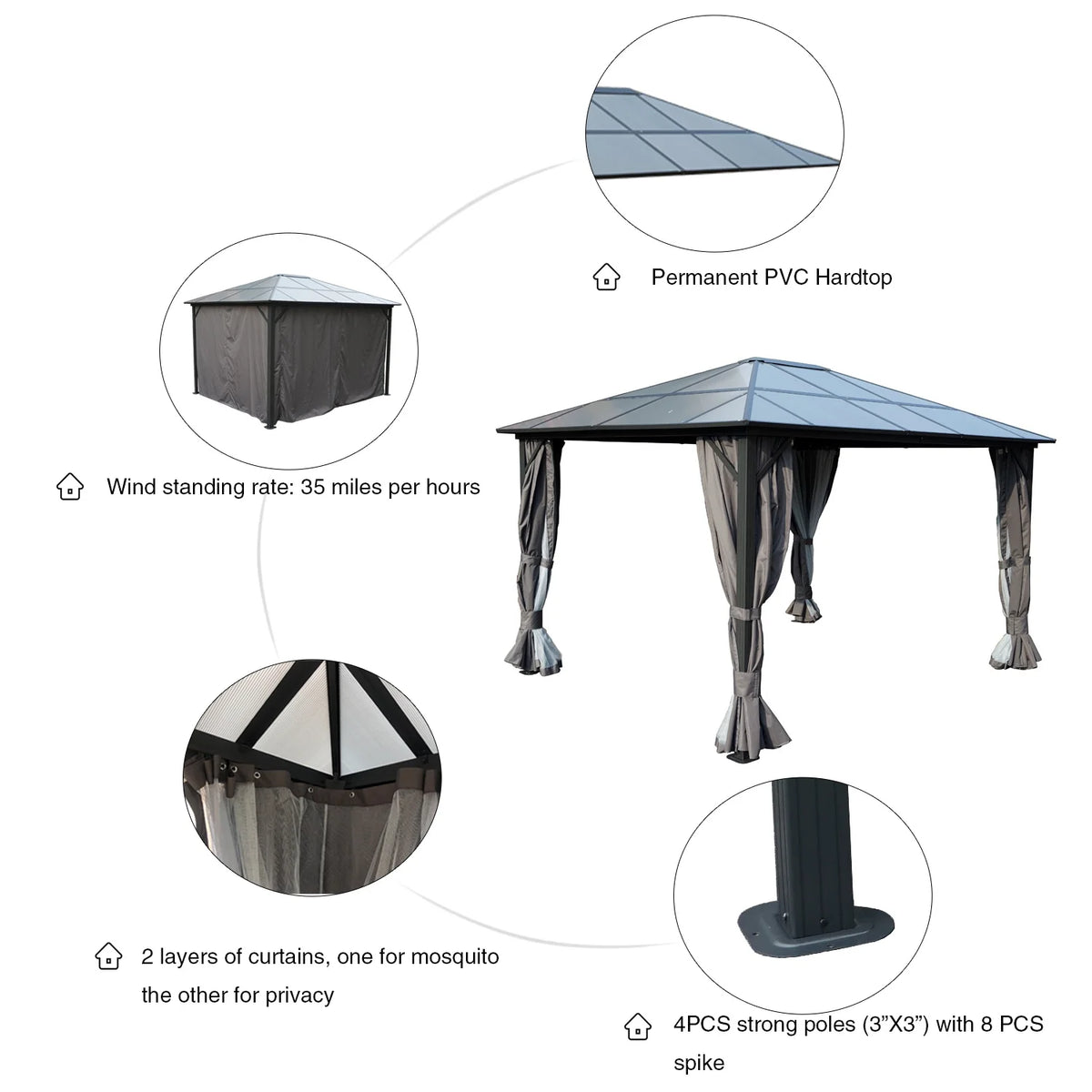 Gray Polycarbonate Aluminum Gazebo M5809