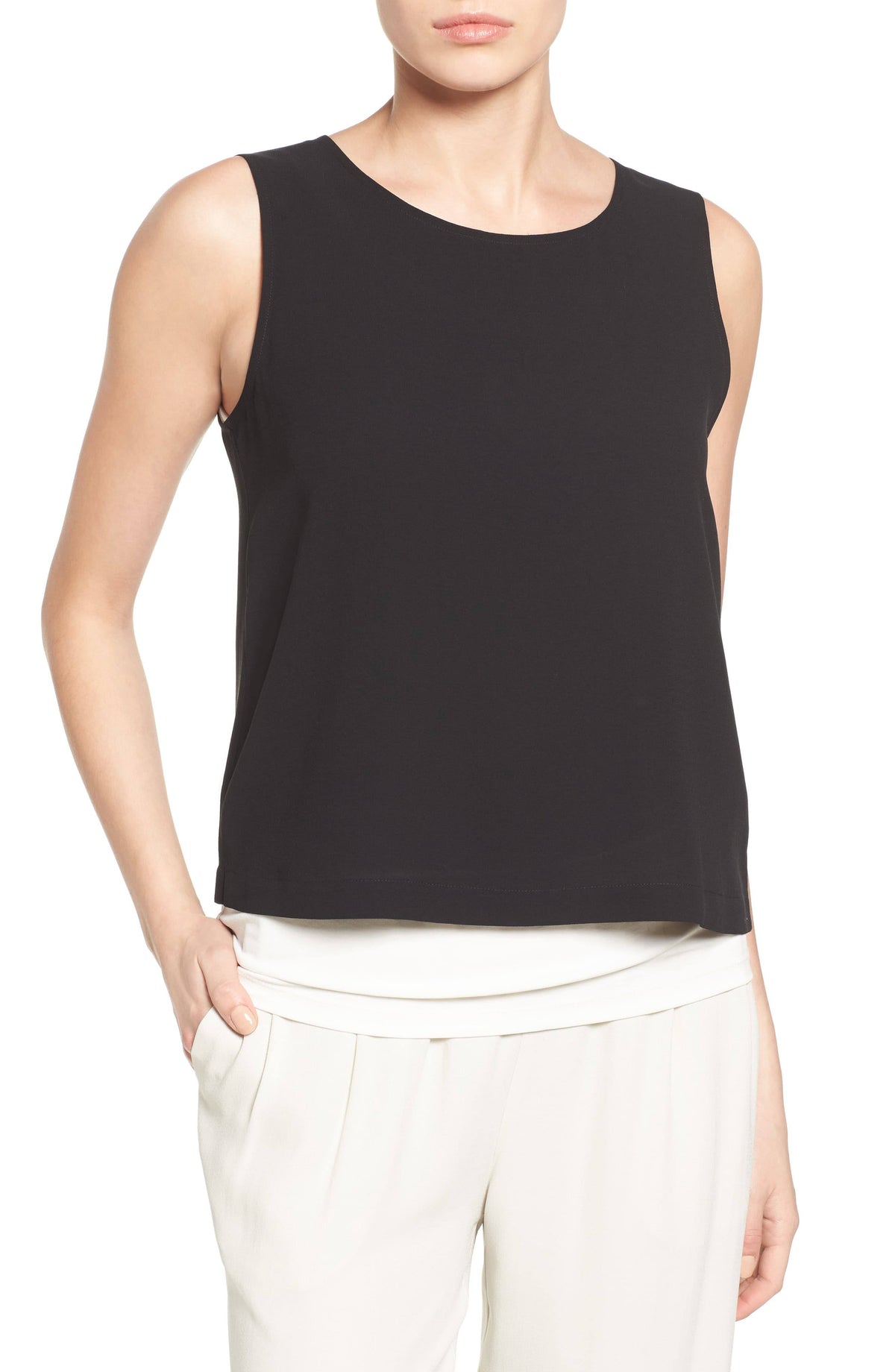 Plus Size Silk Boat Neck Crepe Shell - Black 2x K381046