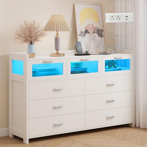 Black 9 Drawer Wood Dresser with LED Lights and Charging Station Y6922