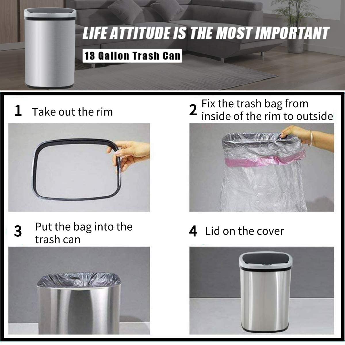 13 Gallon Stainless Steel Motion Sensor Trash Can with Lid O865
