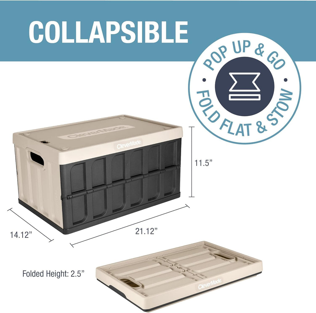 Collapsible Storage Bin with Lid, Tan, 3PK - 62L & Collapsible Shopping Basket, Ocean, 3PK - 24L Z9509