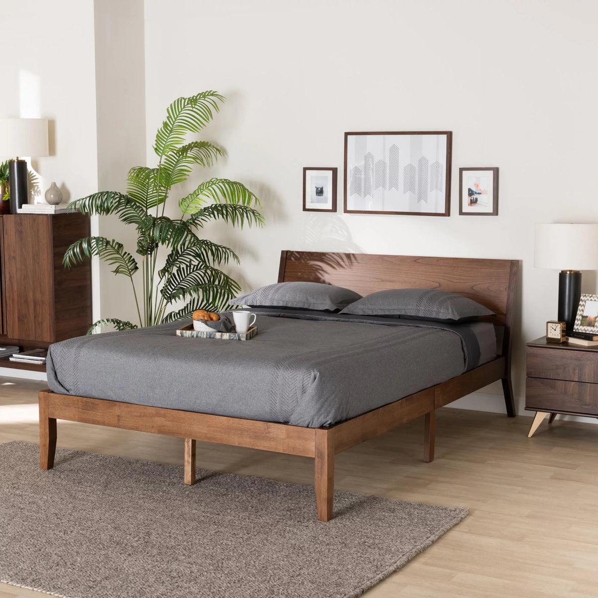 Walnut Brown Wood King Size Platform Bed Z628