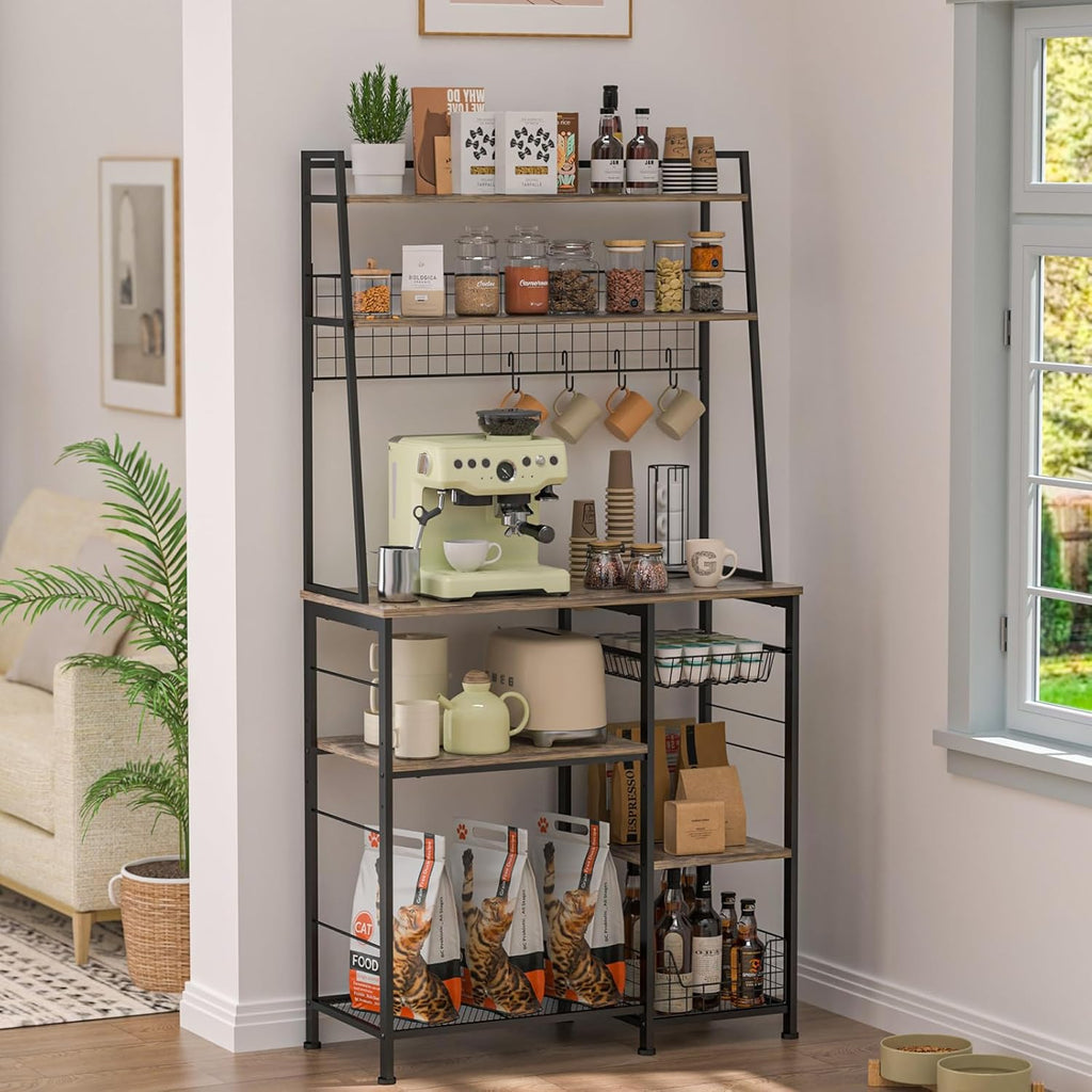 35.8" Large Farmhouse Coffee Station with 12 Hooks and Pull-Out Wire Basket, Coffee Bar Cart Table with Storage Shelves Rustic Brown L64643
