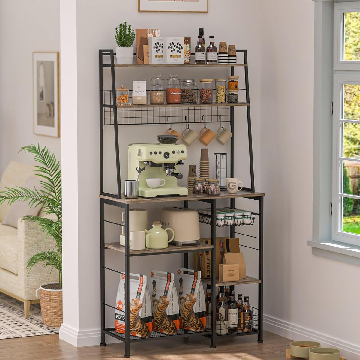 35.8" Large Farmhouse Coffee Station with 12 Hooks and Pull-Out Wire Basket, Coffee Bar Cart Table with Storage Shelves Rustic Brown L64643