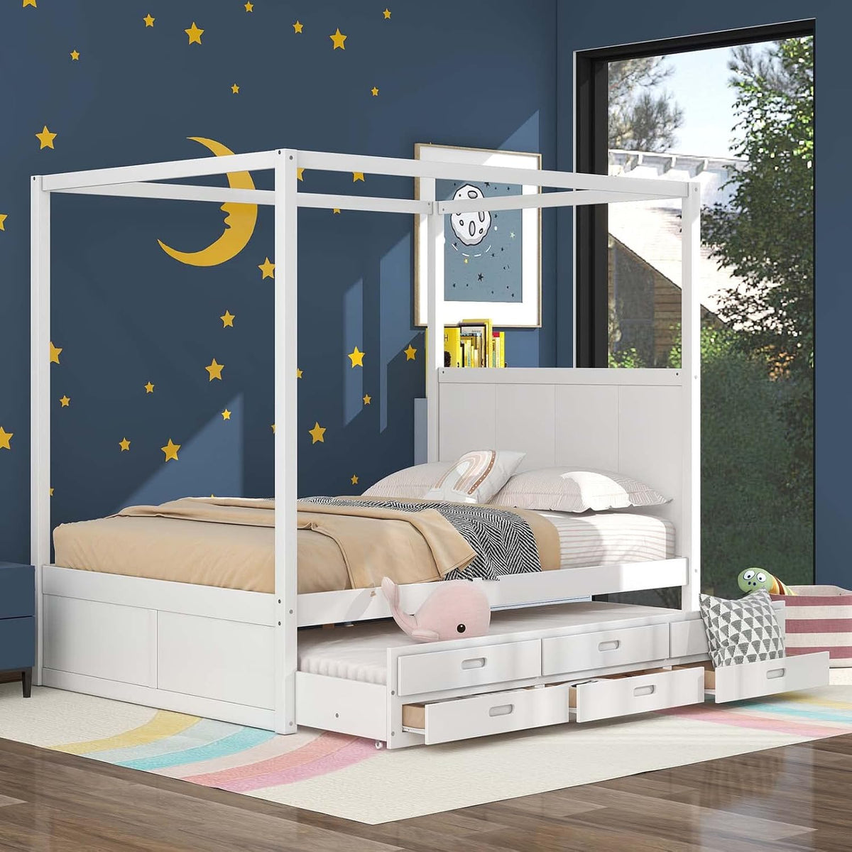 White Queen Size Wood Canopy Platform Bed with Twin Size Trundle Bed and 3 Storage Drawers C748