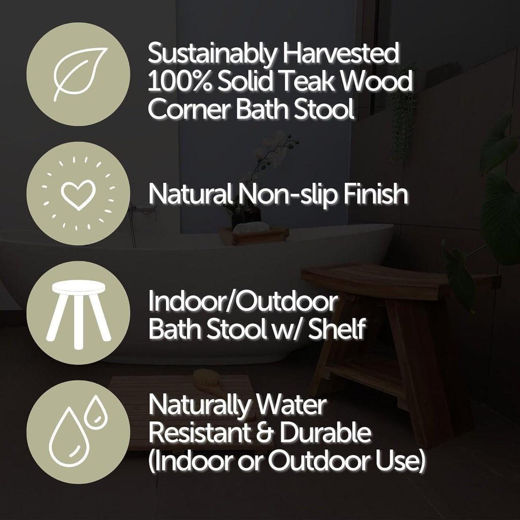 Teak Wood Shower Bench 17.7" Natural Finish Curved Seat I5465