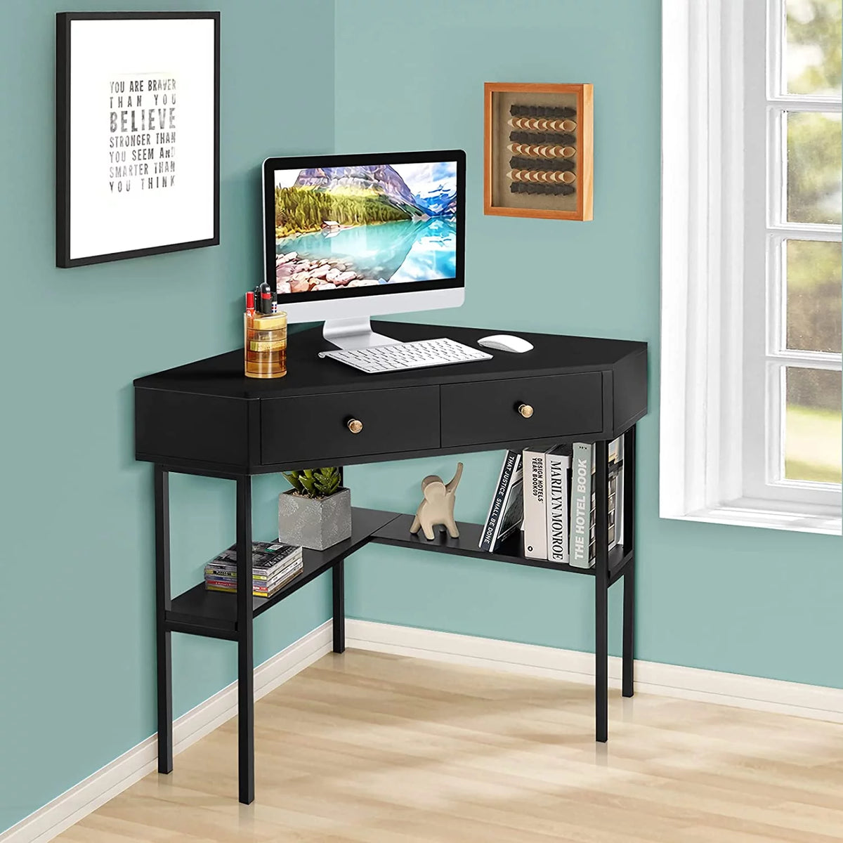 Corner Desk with 2 Drawers, Storage Shelves & Steel Frame D320531
