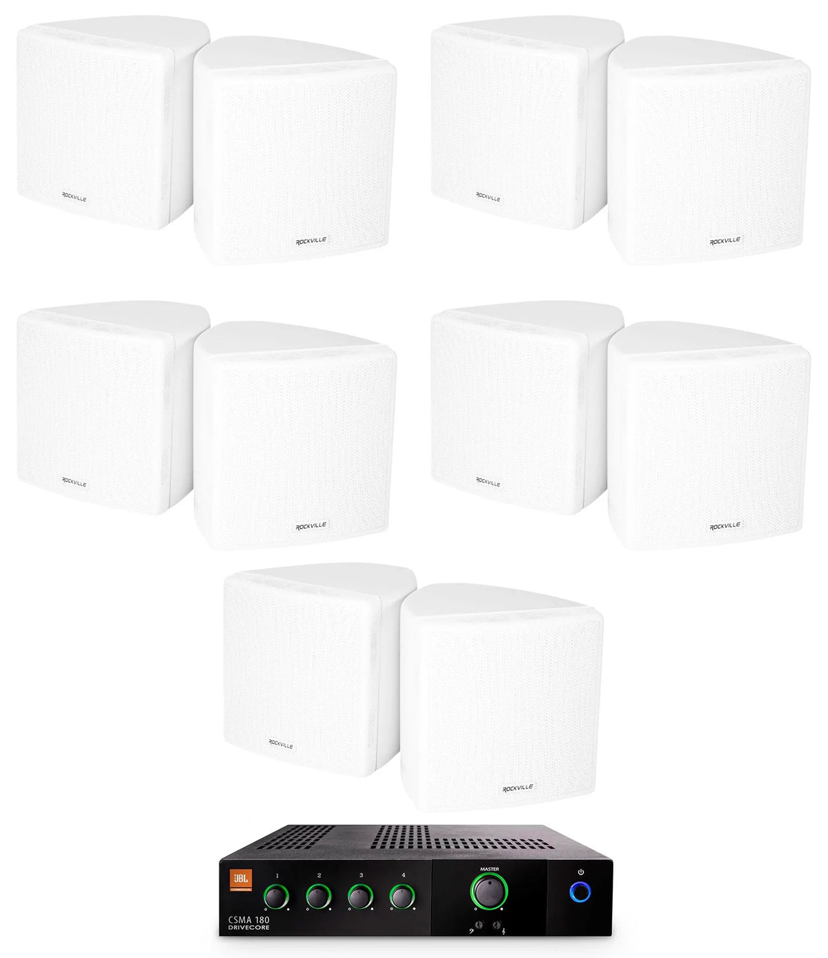 70v Amplifier and 10 White Cube Speakers Z649566