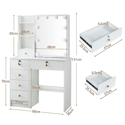 White Vanity Desk with Mirror, Lights, and Drawers with Cushioned Stool R293048