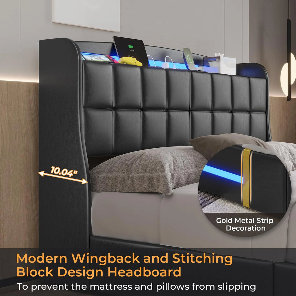 Queen Bed Frame with LED Lights and Charging Station, Upholstered Platform Bed Frame with Hidden Storage and 4 Drawers, Black C667