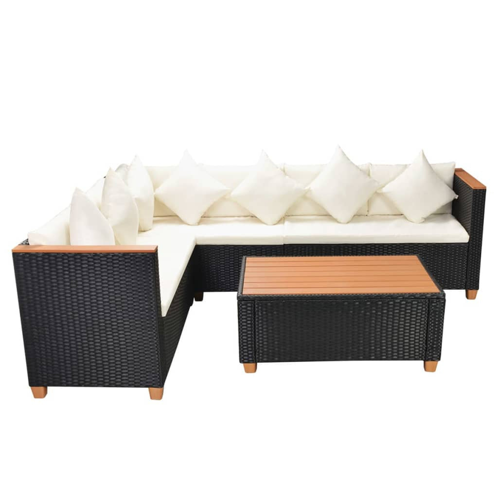 4 Piece Patio Lounge Set with White Cushions Black Poly Rattan 2-Seater Sofas with Corner Sofa and Coffee Table V133689