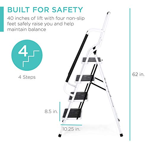 4-Step Folding Step Stool with Padded Hand Grips, Non Slip Rubber Feet, Attachable Tool Bag N302