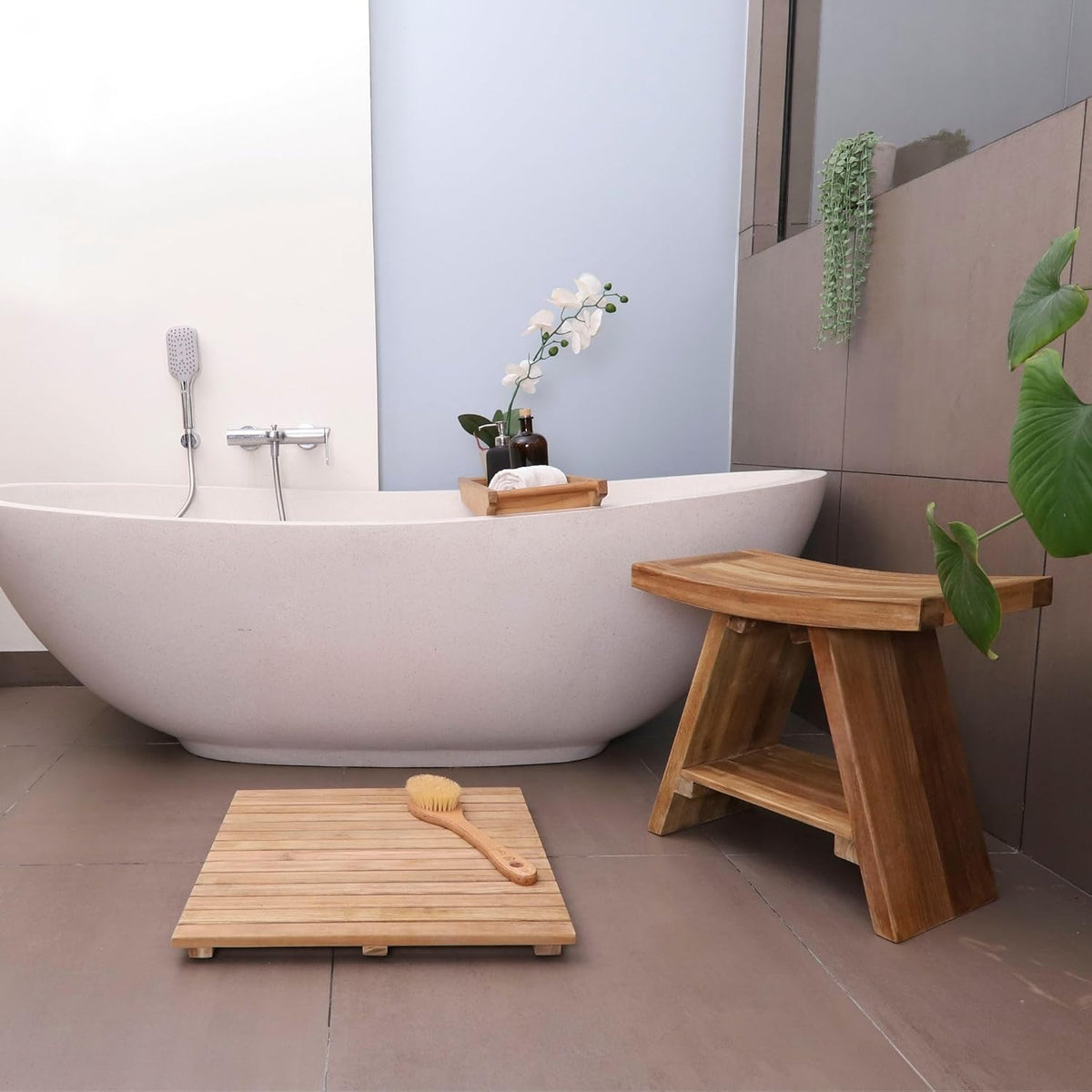 Teak Wood Shower Bench 17.7" Natural Finish Curved Seat I5465