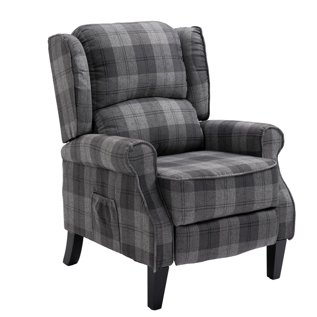 Gray Check Upholstered Recliner Chair with Adjustable Footrest and Side Pocket M910