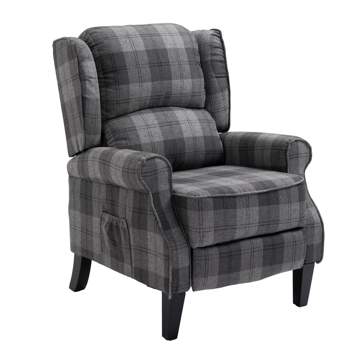 Gray Check Upholstered Recliner Chair with Adjustable Footrest and Side Pocket M910