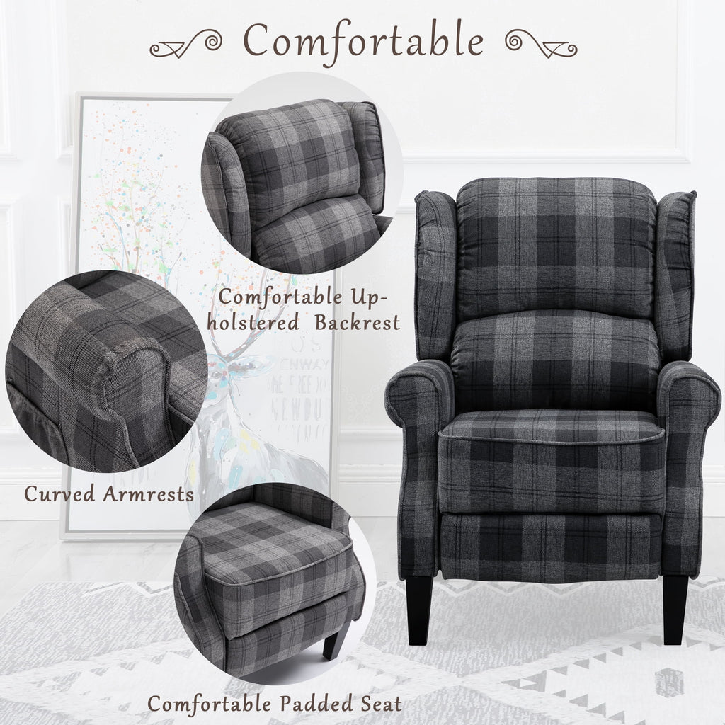 Gray Check Upholstered Recliner Chair with Adjustable Footrest and Side Pocket M910