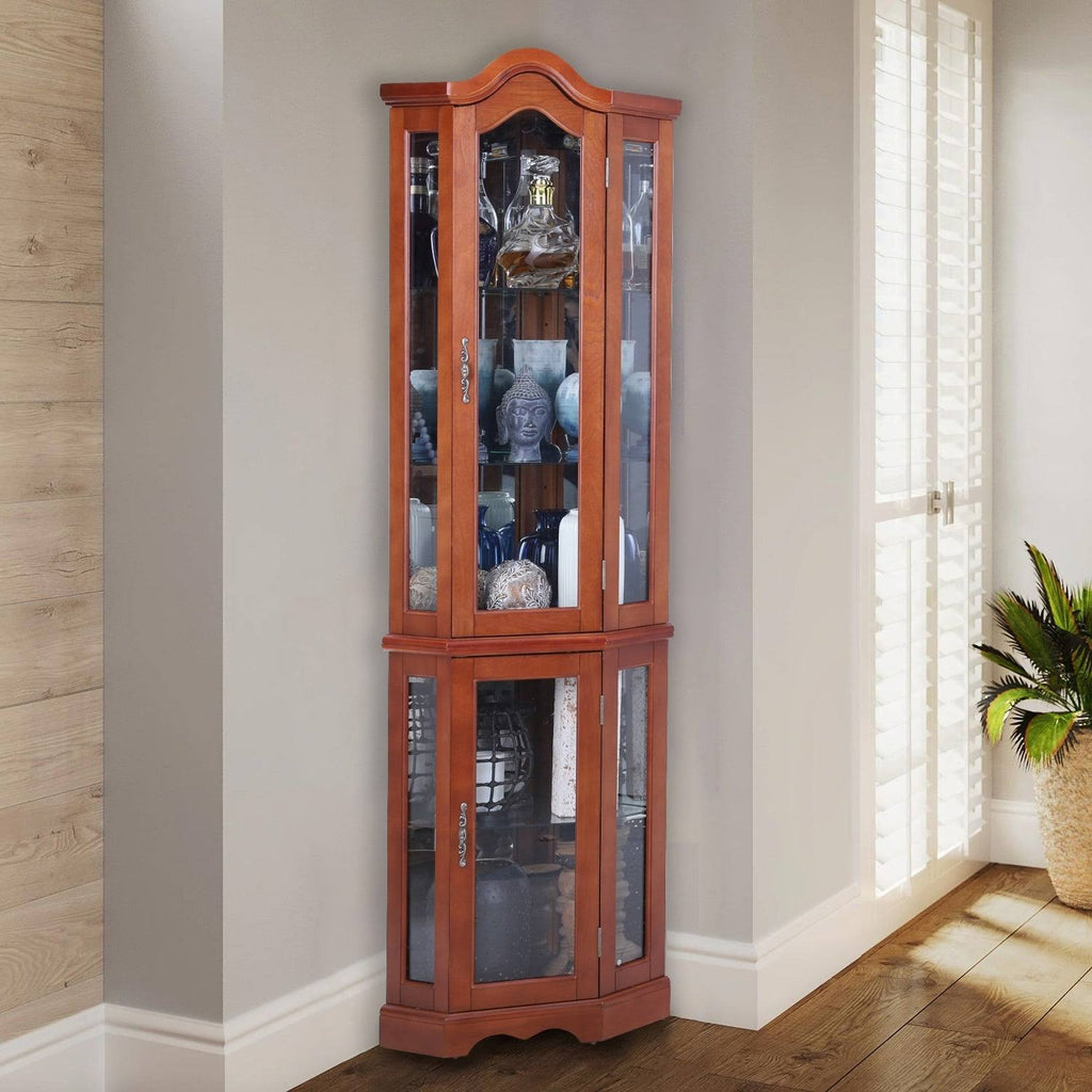 Brown Lighted Corner Curio Display Cabinet D9144