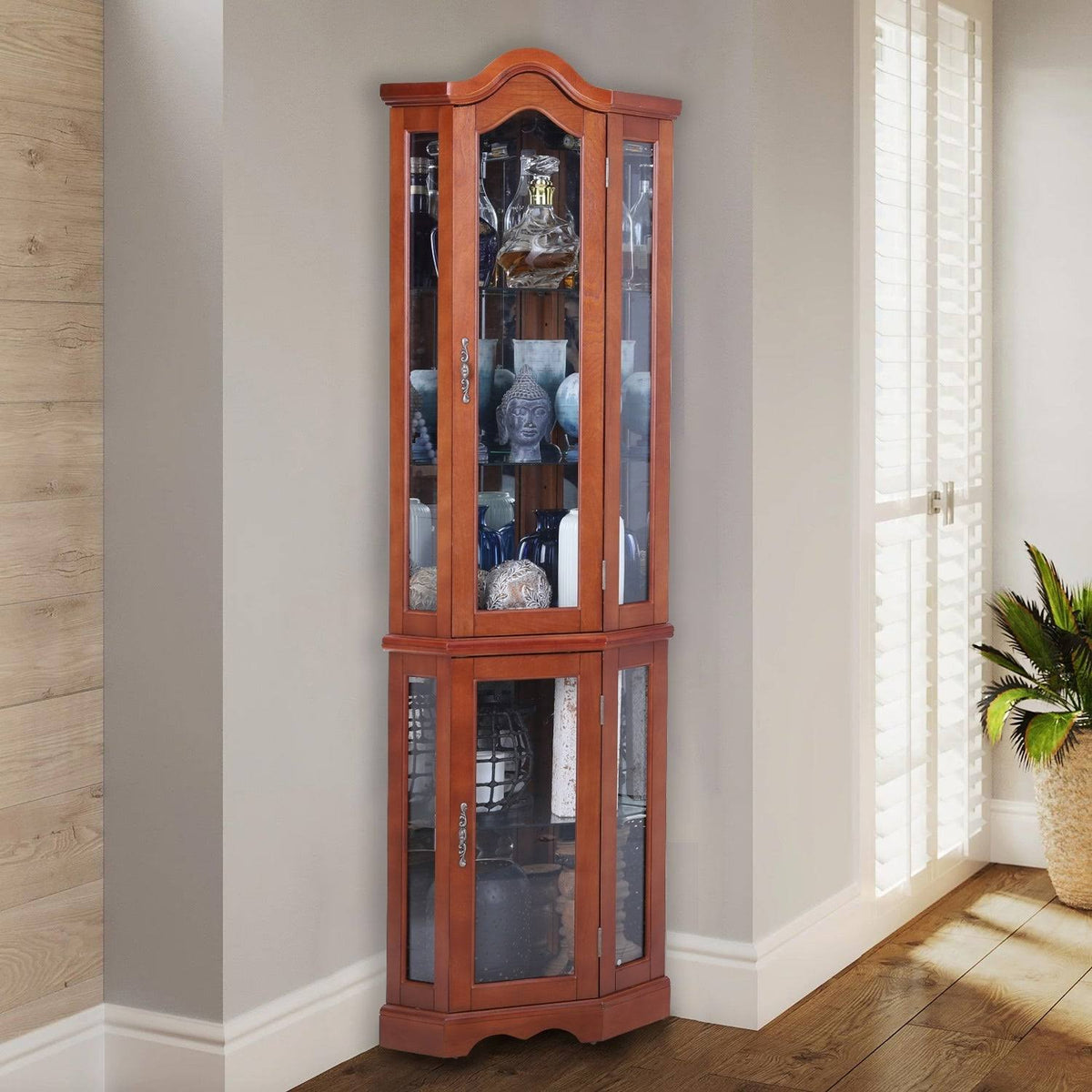 Brown Lighted Corner Curio Display Cabinet D9144
