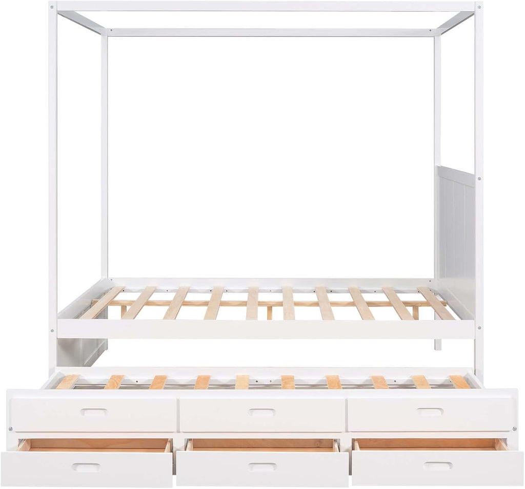 White Queen Size Wood Canopy Platform Bed with Twin Size Trundle Bed and 3 Storage Drawers C748