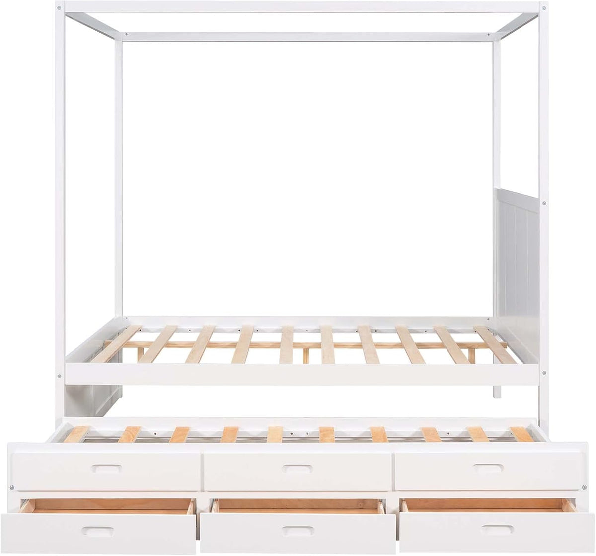 White Queen Size Wood Canopy Platform Bed with Twin Size Trundle Bed and 3 Storage Drawers C748