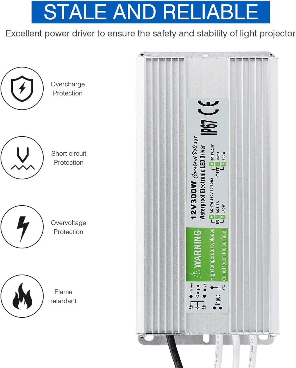 LEDMO IP67 Power Supply 300 Watts DC12V 25A AC/DC Driver Transformer Adapter Low Voltage Output with 3-Prong Plug 3.3 Feet Cable Pack of 2 P66305