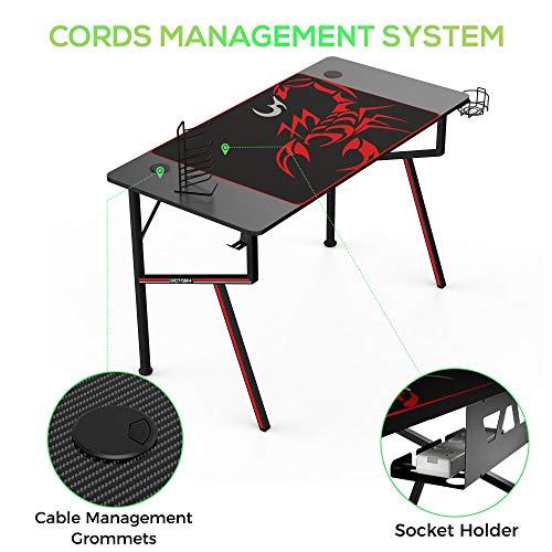 Black 47 Inch Gaming Desk with Mouse Pad Headset Hook Cup Holder Controller Stand R86074