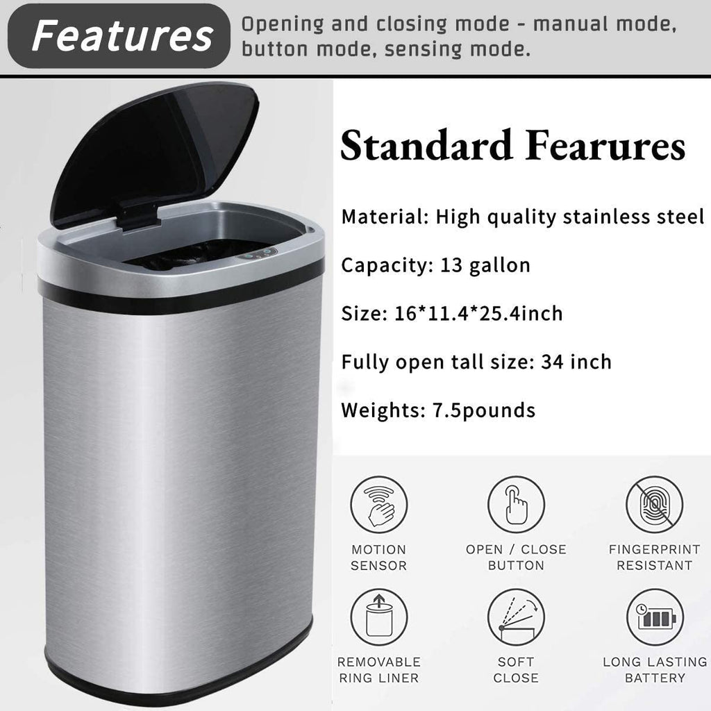 13 Gallon Stainless Steel Motion Sensor Trash Can with Lid O865