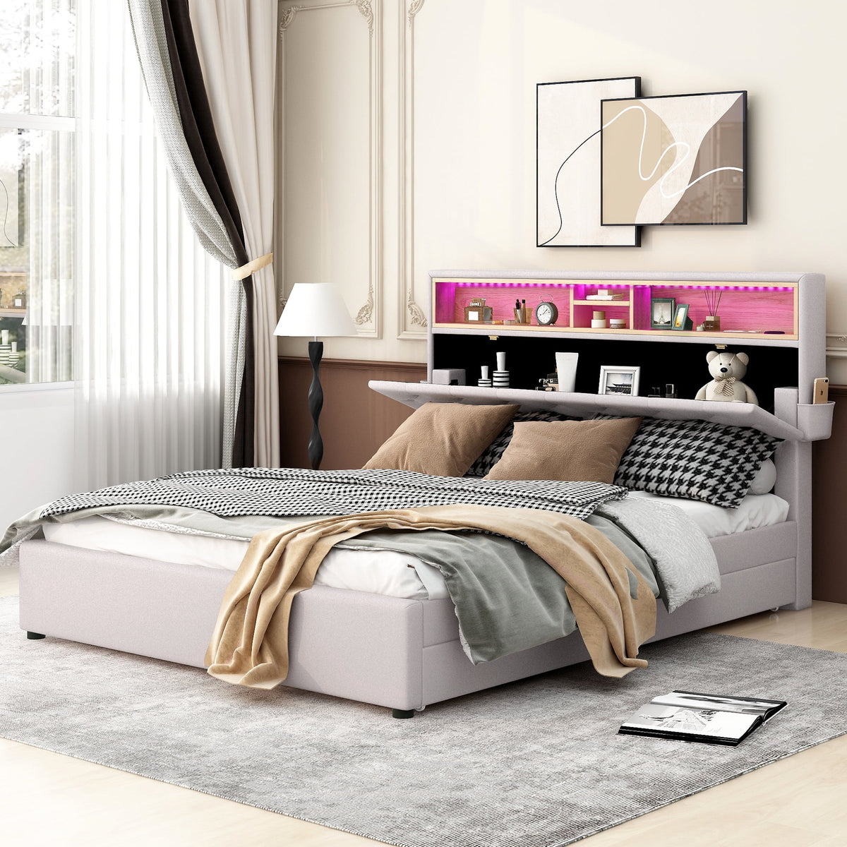 Beige Queen Size Upholstered Platform Bed with Storage Headboard J206