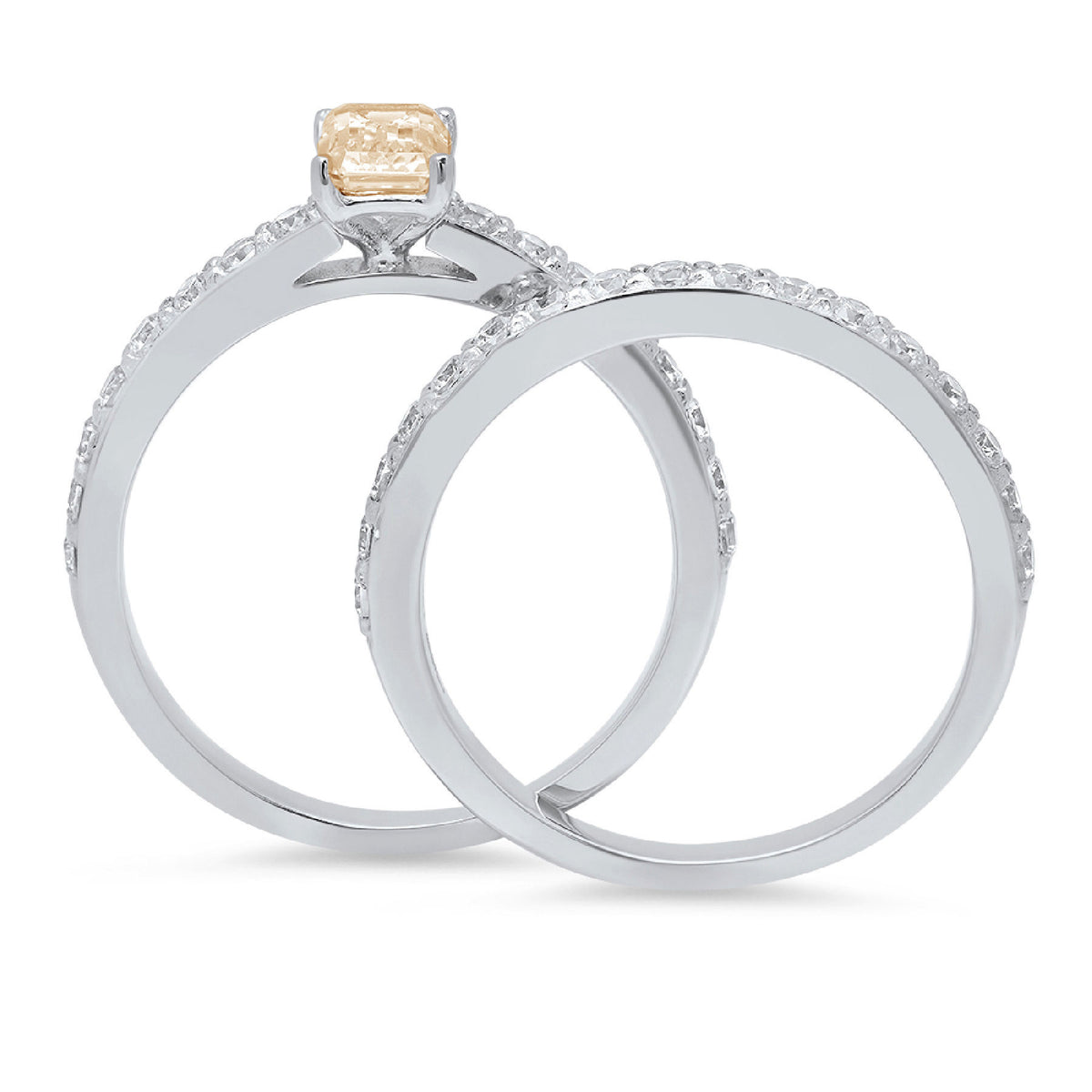 Emerald Cut Yellow Moissanite 18k White Gold Ring Band Set sz 3.5 W344