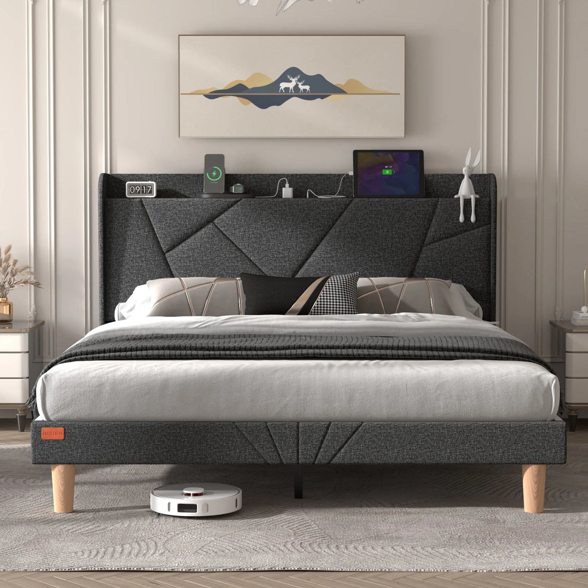 Queen Upholstered Platform Bed Frame with Wingback Storage Headboard M95821
