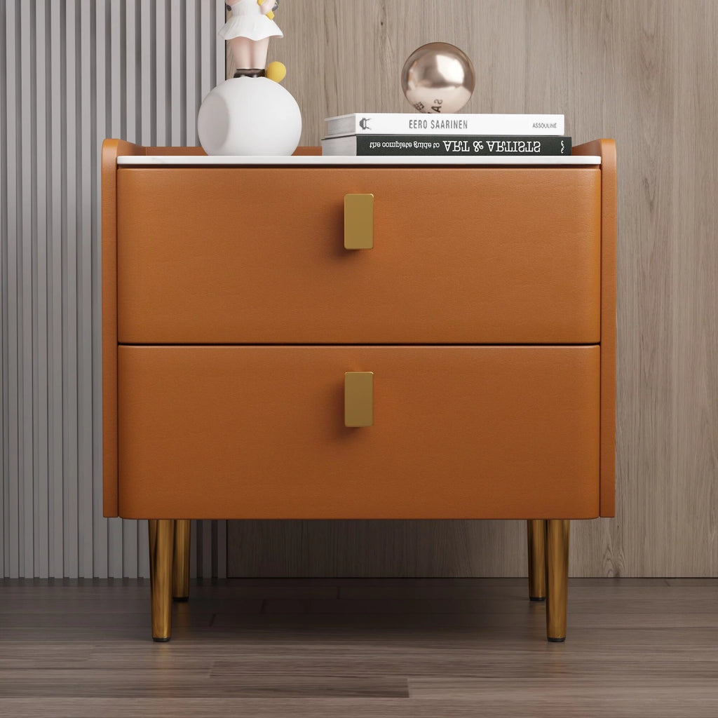 Beige Glossy 2-drawer Faux Leather Nightstand W522295