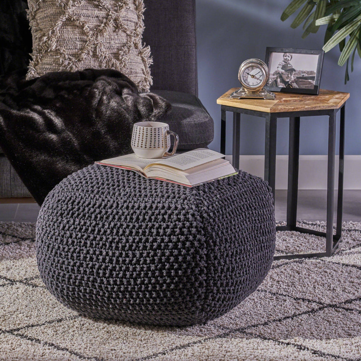 Black Knitted Square Pouf Ottoman I763