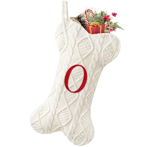 White Large Knit Dog Christmas Stocking with Initials O933124