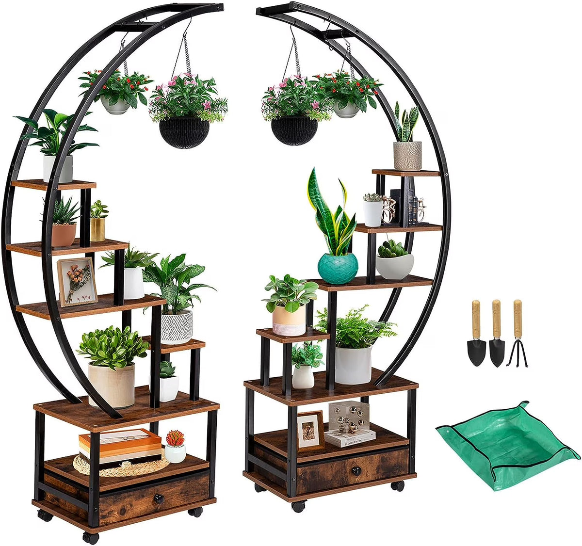 7-Tier Half Moon Plant Stand with Lockable Wheels, 71" Tall Plant Shelf with Drawer, 2 pieces M5252