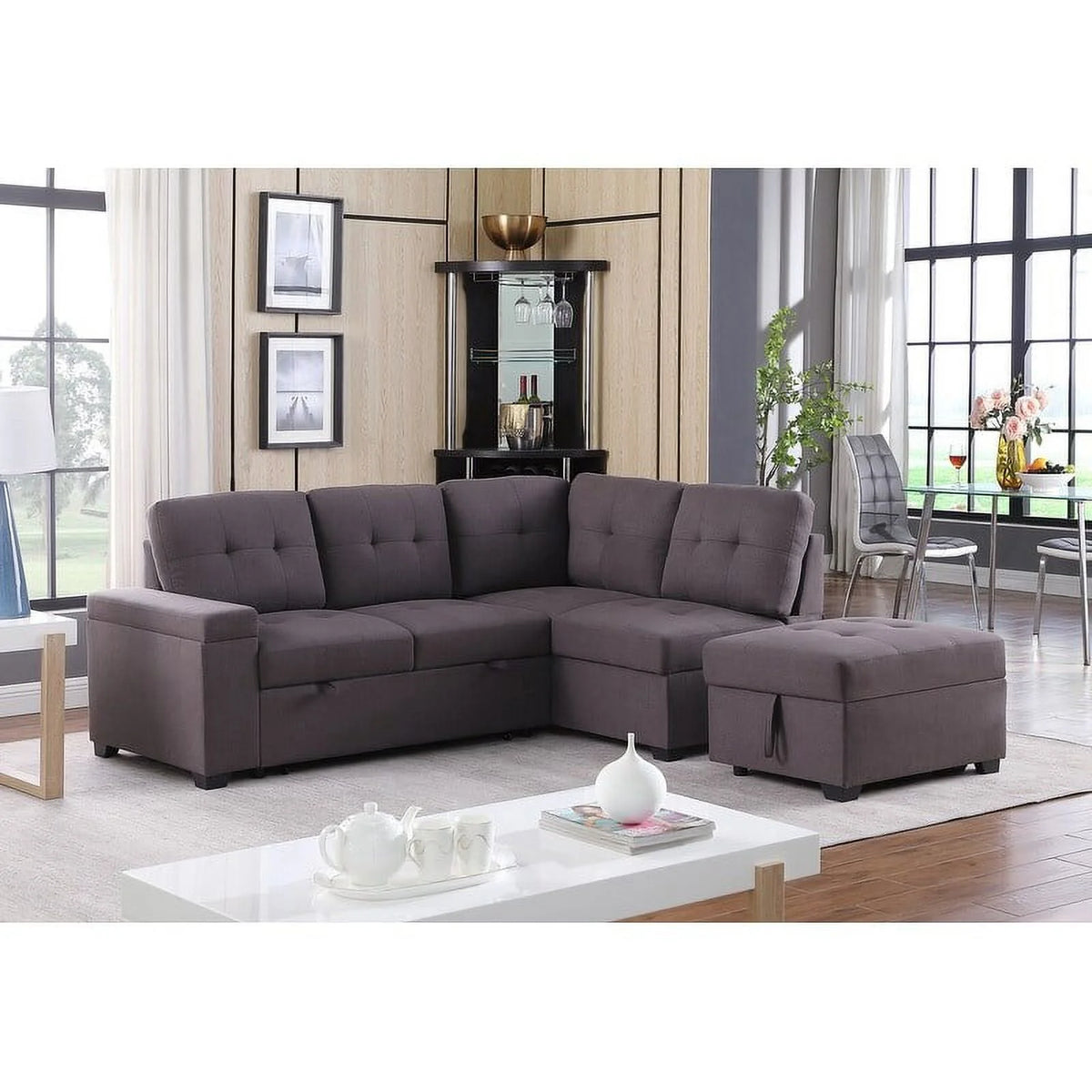 Linen Sleeper Sectional Sofa with Storage Ottoman G109114