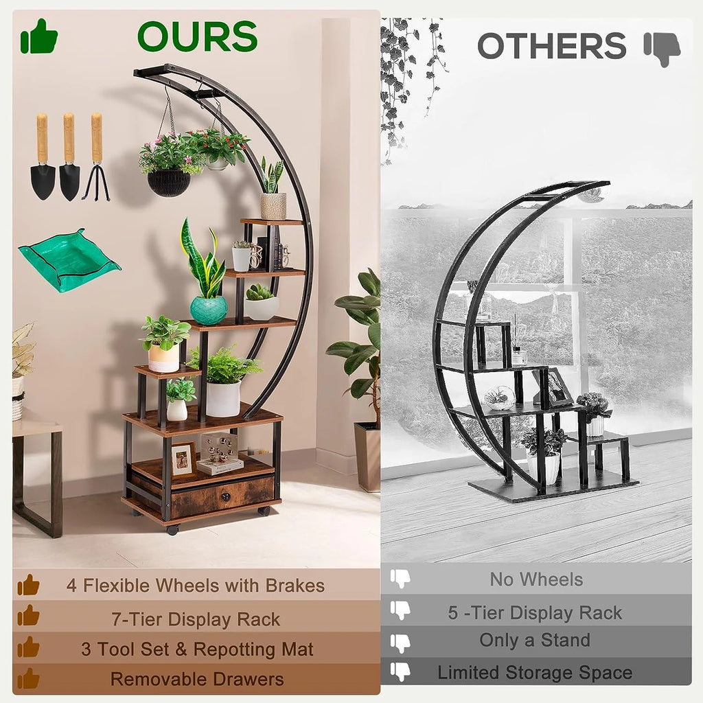 7-Tier Half Moon Plant Stand with Lockable Wheels, 71" Tall Plant Shelf with Drawer, 2 pieces M5252