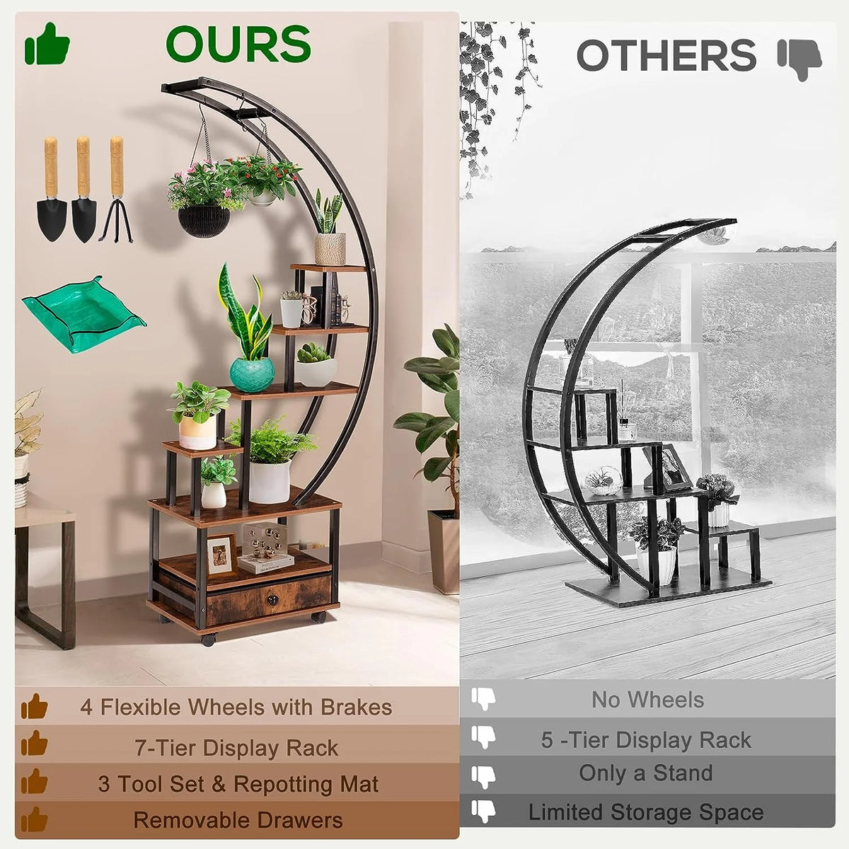 7-Tier Half Moon Plant Stand with Lockable Wheels, 71" Tall Plant Shelf with Drawer, 2 pieces M5252